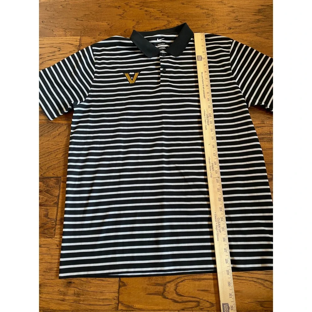 Nike Dri-FIT Mens Large Black White Striped V Logo Golf Polo Shirt Short Sleeve